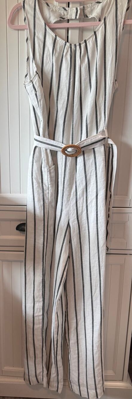 Talbots sleeveless belted jumpsuit cream with black stripes sz 16P NWT
